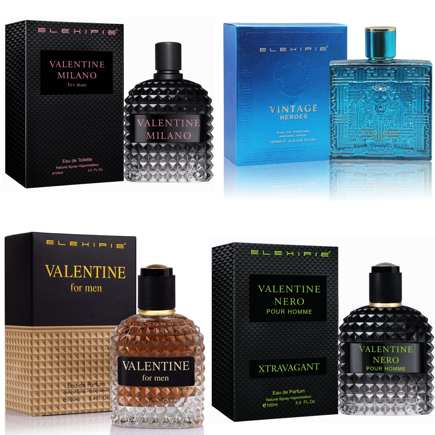 ELEXIPIE 4-Pack Men's Cologne Set 100ml Each - Valent Milano, Vintage Hero, Valent, Valent Nero Long Lasting Eau de Parfum Luxury Fragrance Gift Bundle