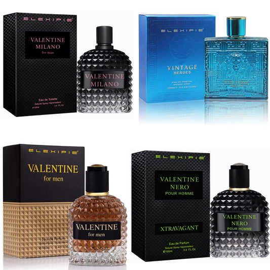 ELEXIPIE 4-Pack Men's Cologne Set 100ml Each - Valent Milano, Vintage Hero, Valent, Valent Nero Long Lasting Eau de Parfum Luxury Fragrance Gift Bundle